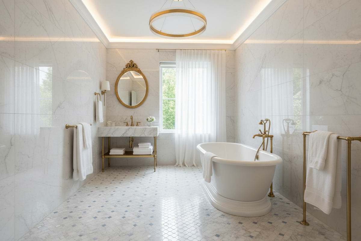 Bianco Dolomiti Basketweave w/ Blue-Gray – Bathroom