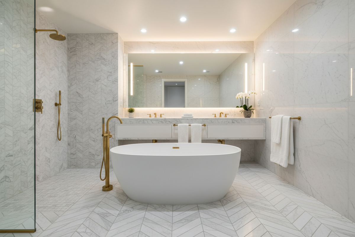 Bianco Dolomiti Chevron Mosaic – Bathroom