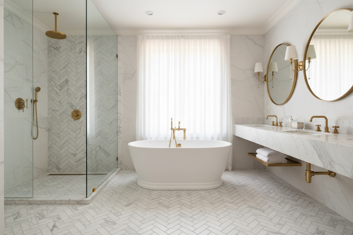 Bianco Dolomiti Herringbone Mosaic – Bathroom