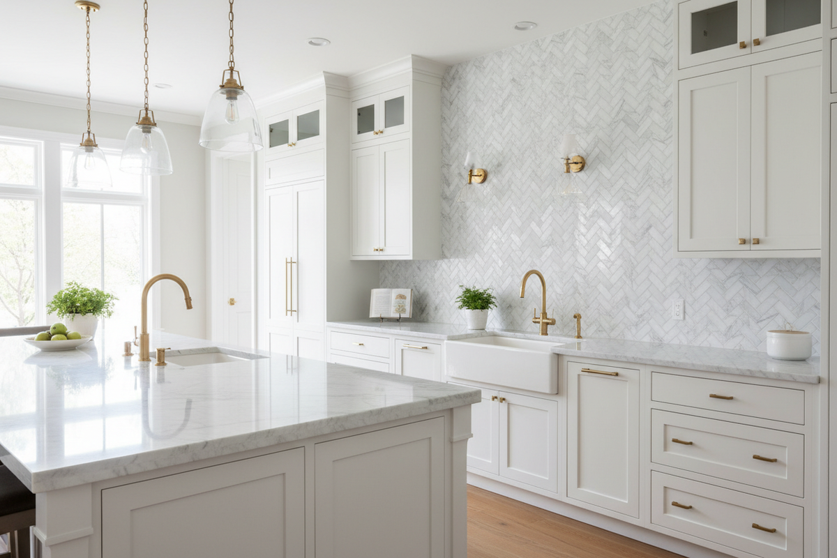 Bianco Dolomiti Herringbone Mosaic – Kitchen