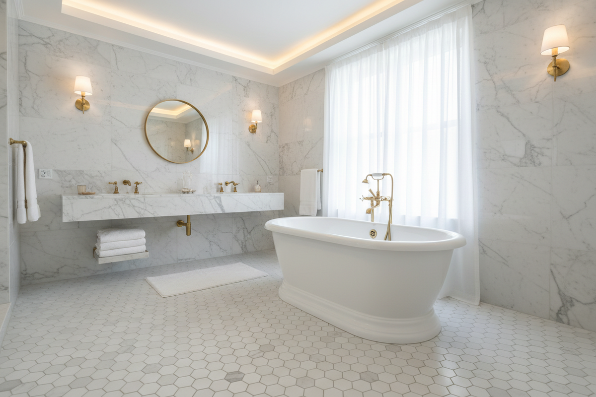 Bianco Dolomiti Hexagon Mosaic – Bathroom