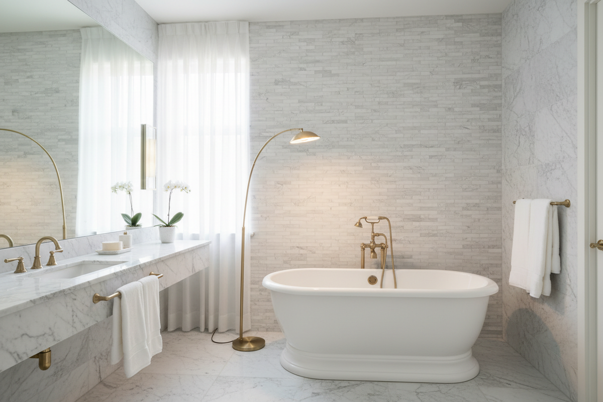 Bianco Dolomiti Manhattan Random-Strip – Bathroom