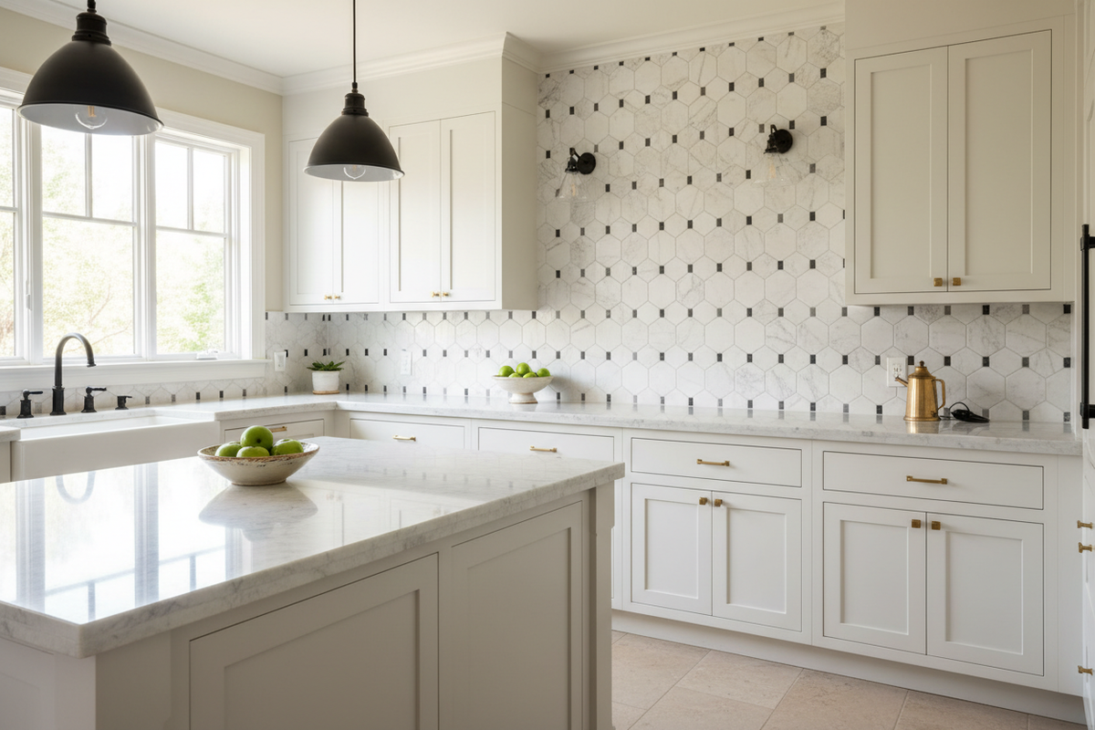 Bianco Dolomiti Octagon Mosaic w/ Black – Kitchen