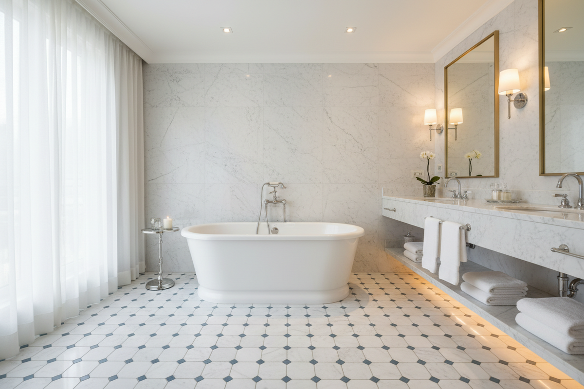 Bianco Dolomiti Octagon Mosaic w/ Blue-Gray – Bathroom