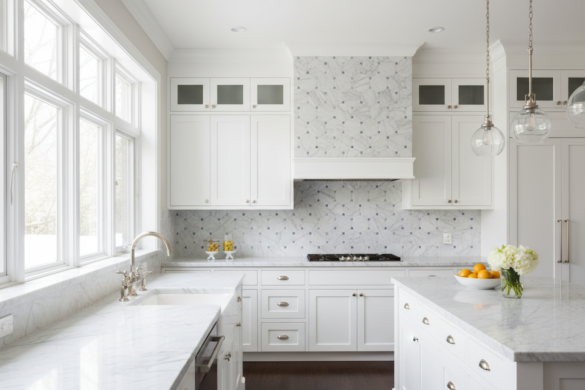 Bianco Dolomiti Octagon Mosaic w/ Blue-Gray – Kitchen
