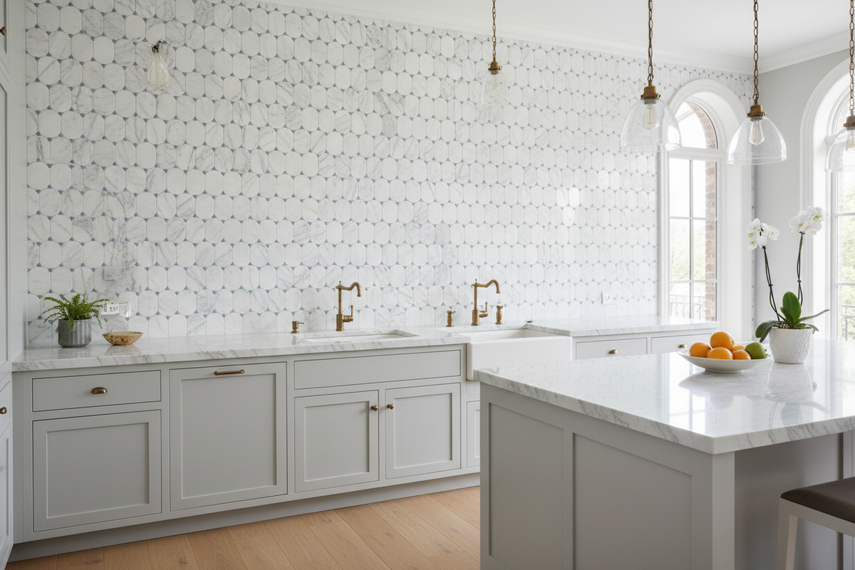 Bianco Dolomiti Octave Long Octagon Mosaic – Kitchen