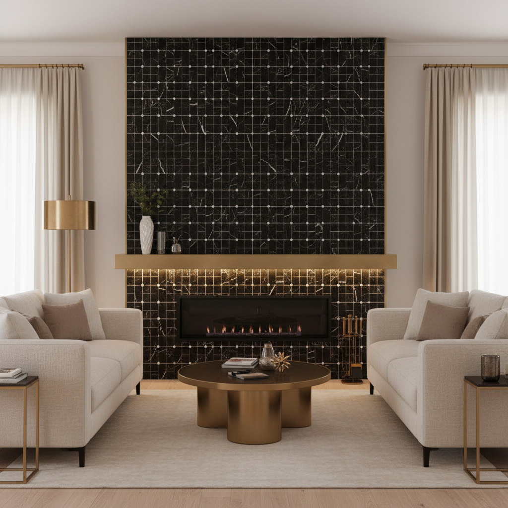 Nero Marquina Marble Pinwheel Mini Mosaic - luxury living room fireplace feature wall