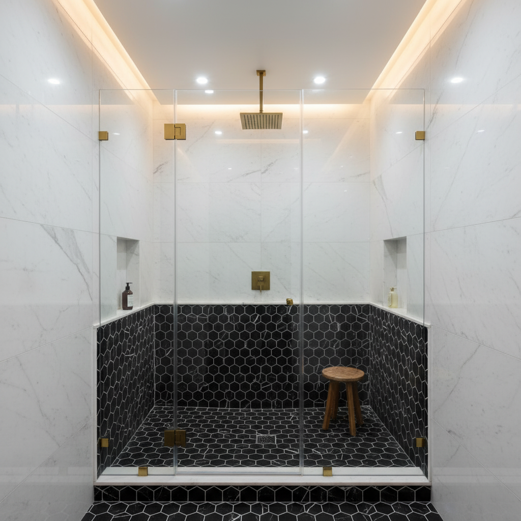 Nero Marquina Marble Hexagon Mosaic - luxury shower floor and wall