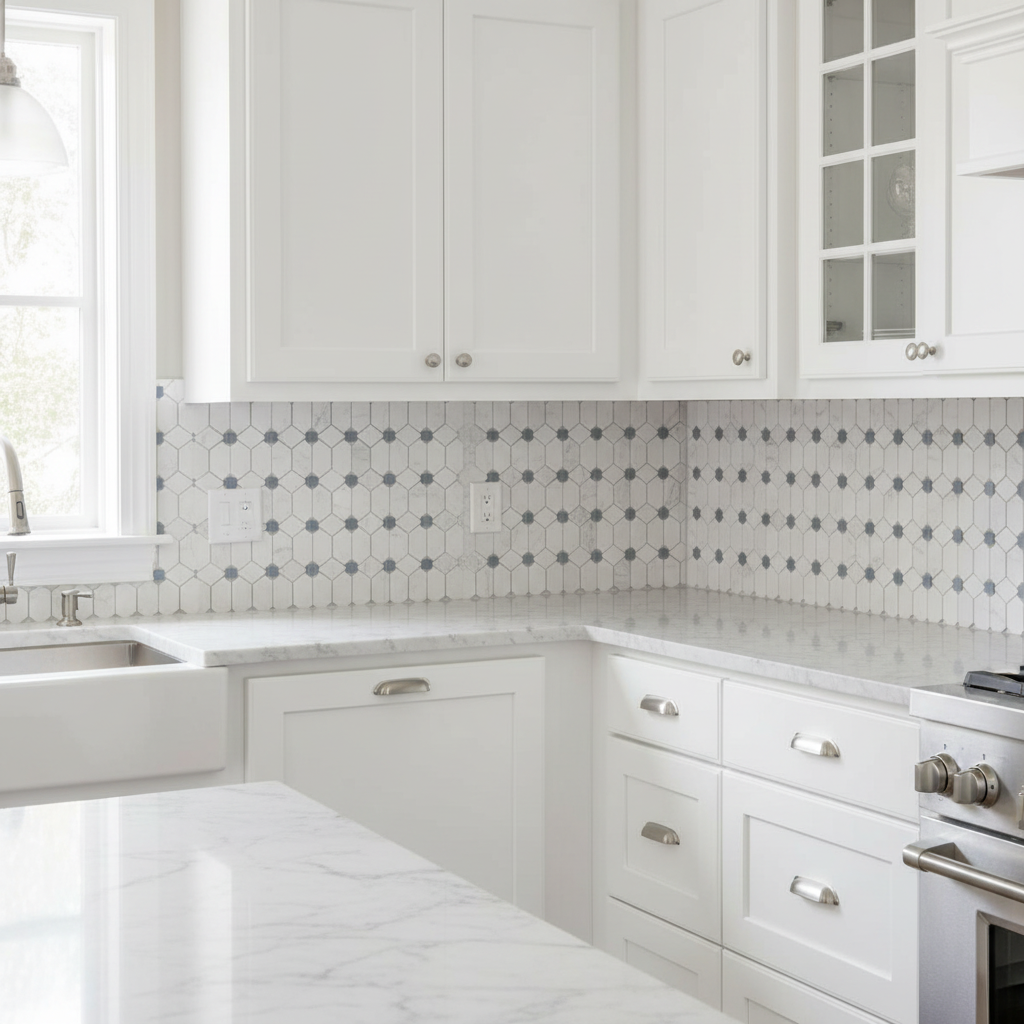 Bianco Dolomiti Octave Mosaic w/ Blue-Gray - transitional kitchen backsplash