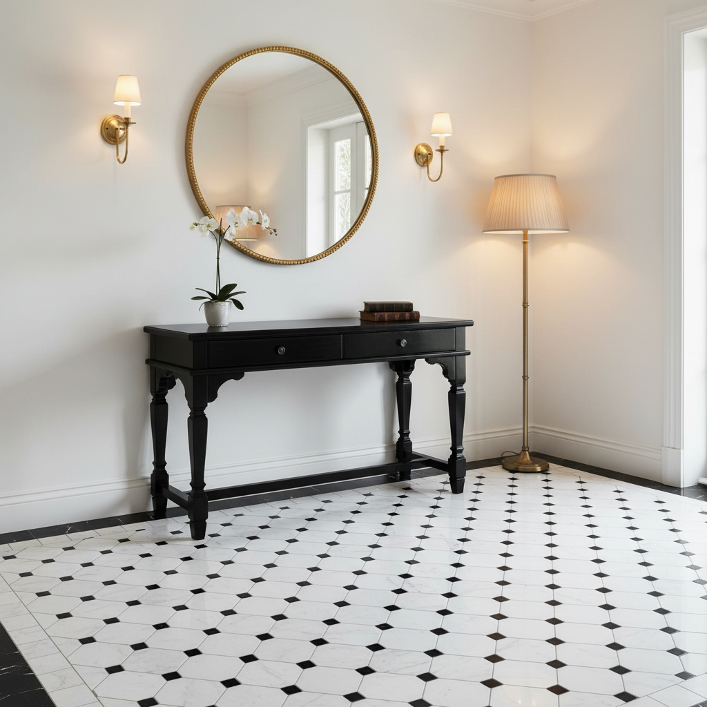 Bianco Dolomiti Long Octagon Mosaic w/ Black - luxury foyer floor