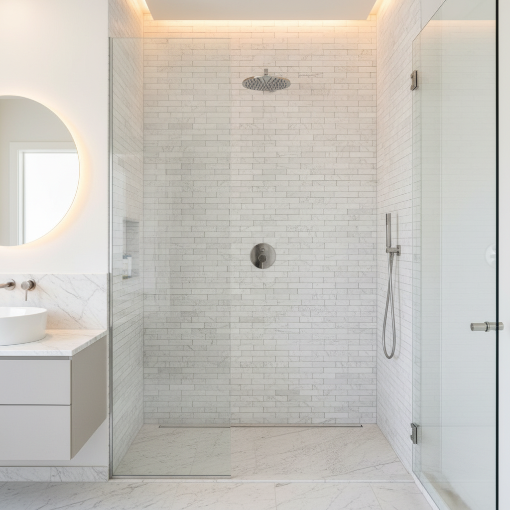 Bianco Dolomiti Manhattan Mosaic - contemporary spa shower feature wall