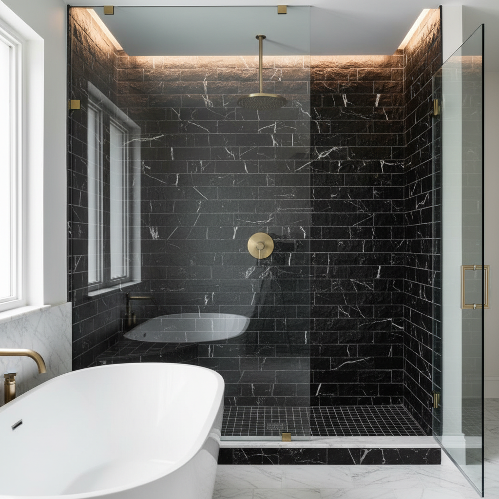 Nero Marquina Marble Brick Mosaic - luxury spa shower wall