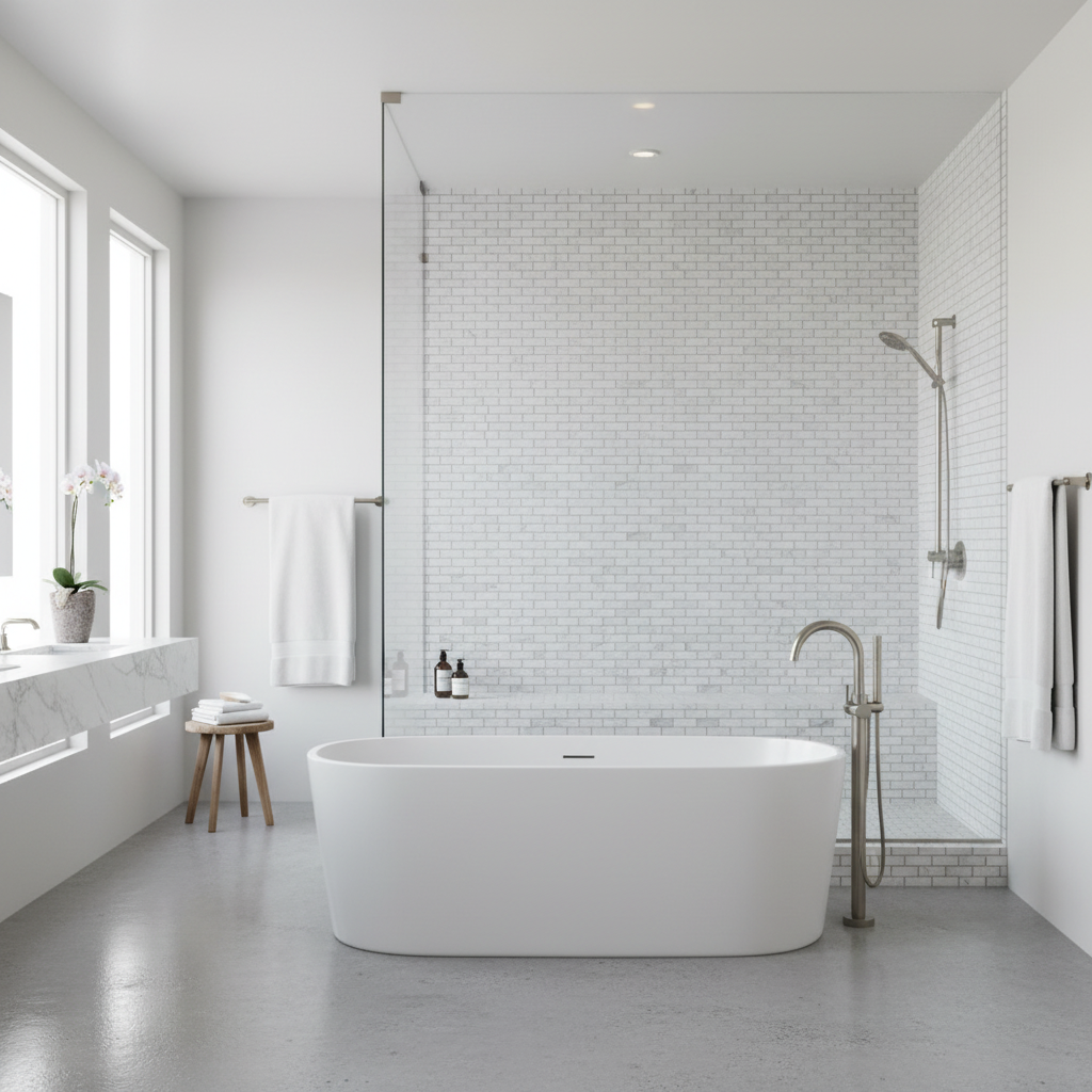 Bianco Dolomiti Mini-Brick Mosaic - luxury hotel bathroom shower surround