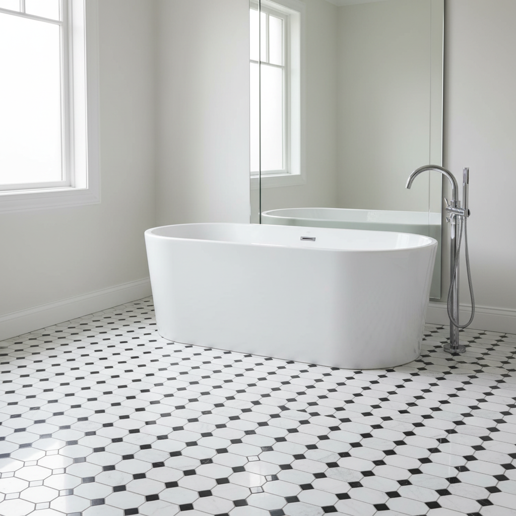 Bianco Dolomiti Long Octagon Mosaic w/ Black - classic bathroom floor