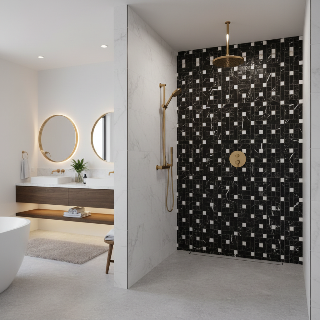 Nero Marquina Marble Basketweave Mosaic w/ White Dots - luxury shower wall