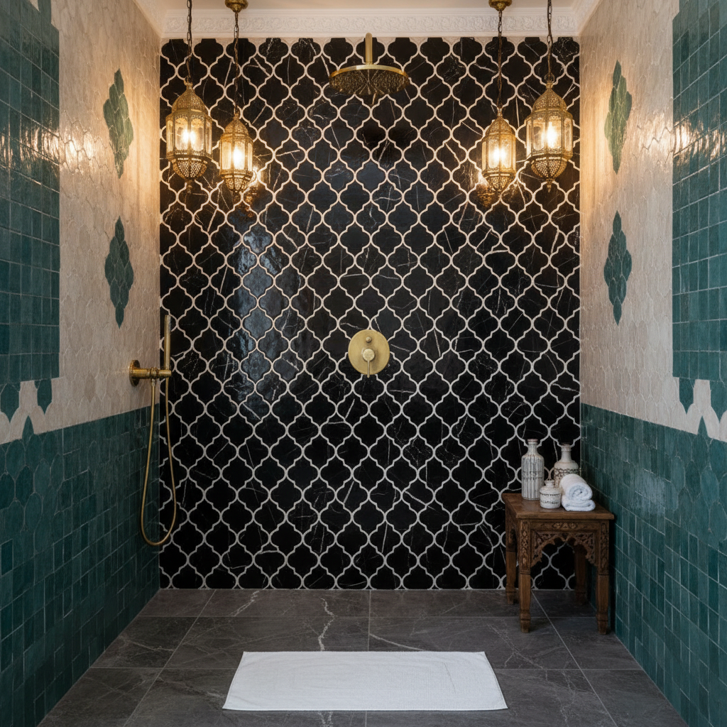 Nero Marquina Marble Lantern Mosaic - Moroccan-inspired bathroom shower wall