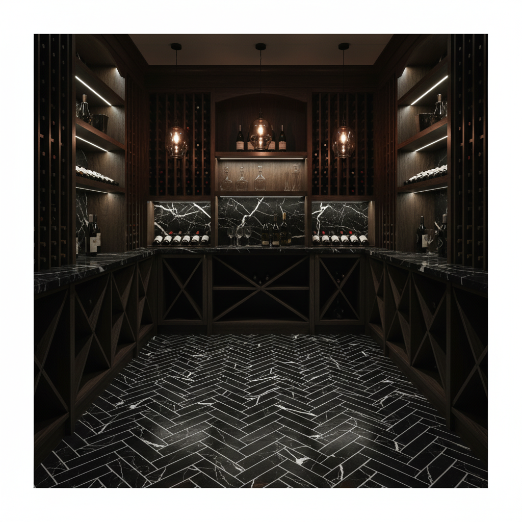 Nero Marquina Marble Herringbone Mosaic - wine cellar floor