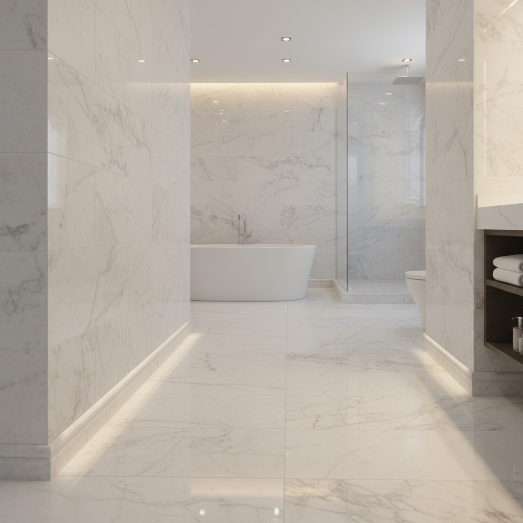 Bianco Dolomiti Dolomite Quarter-Round Trim - bathroom wall-to-floor transition detail