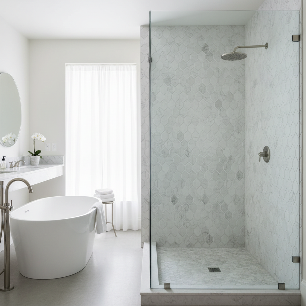 Bianco Dolomiti Picket Mosaic - luxury spa shower wall