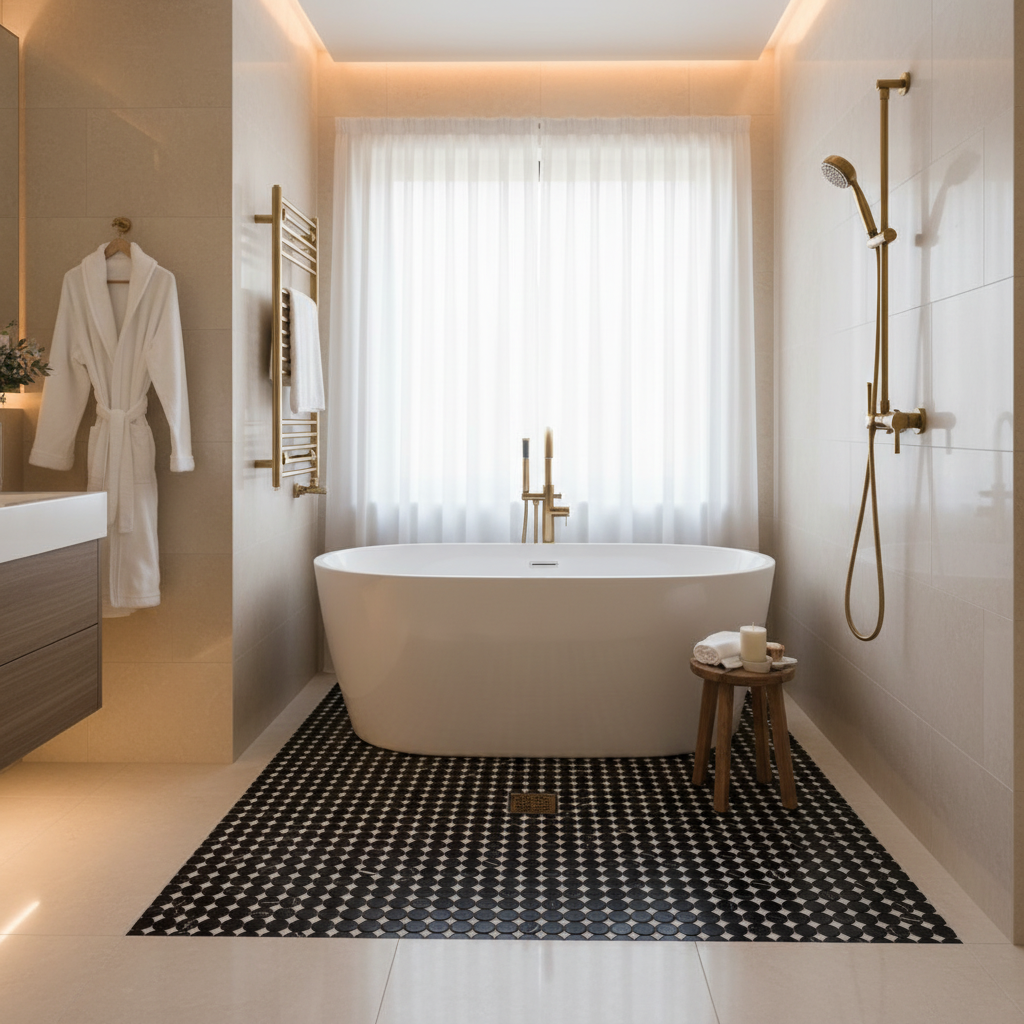 Nero Marquina Marble Penny-Round Mosaic - luxury spa shower floor