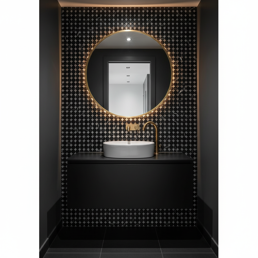 Nero Marquina Marble Penny-Round Mosaic - powder room accent wall