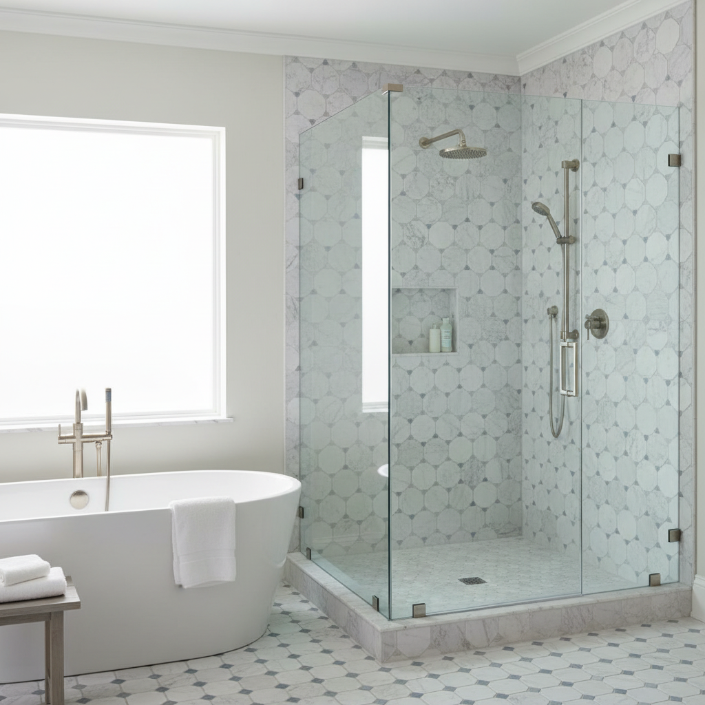Bianco Dolomiti Octagon Mosaic w/ Blue-Gray - spa shower wall