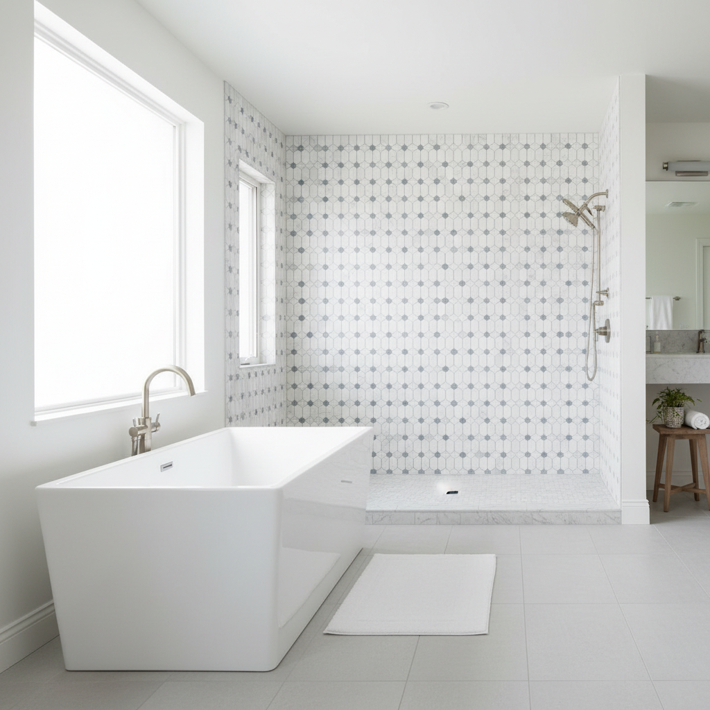 Bianco Dolomiti Octave Mosaic w/ Blue-Gray - luxury spa shower floor