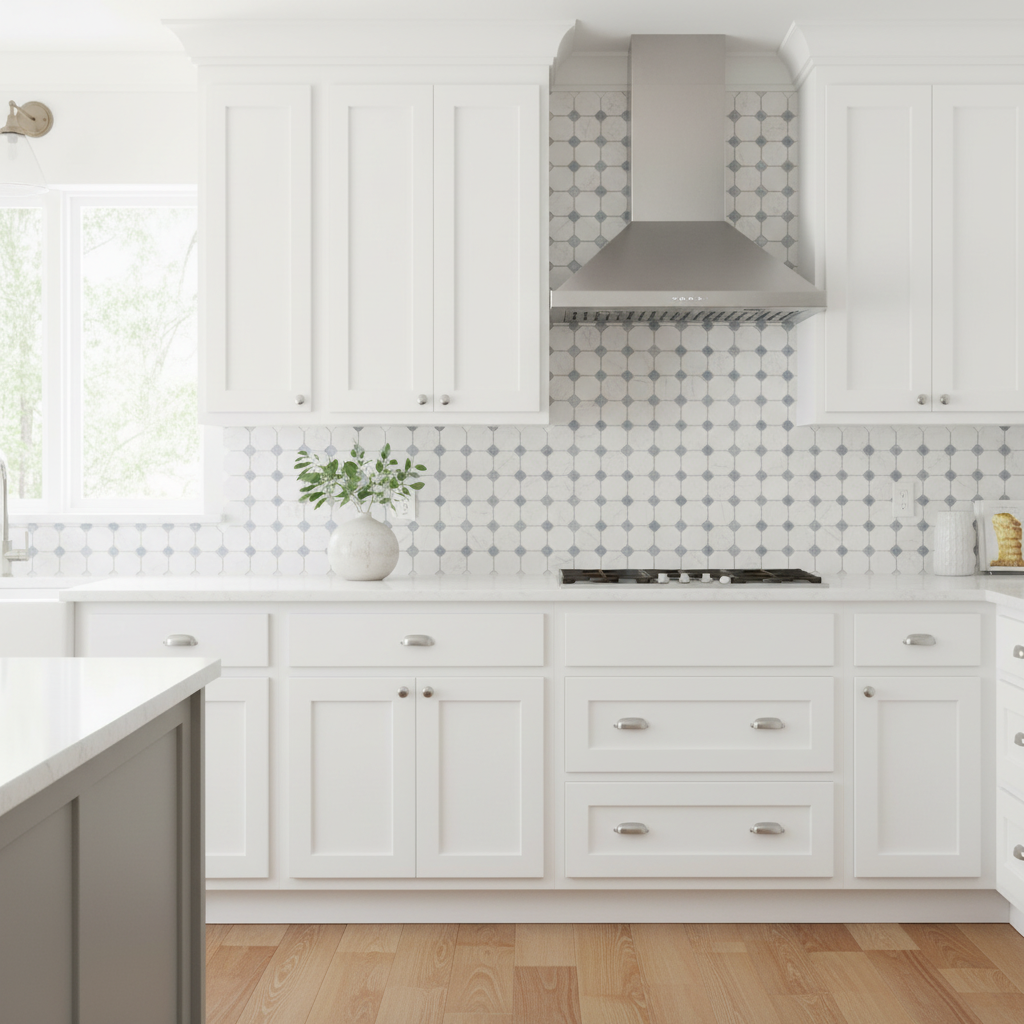 Bianco Dolomiti Octagon Mosaic w/ Blue-Gray - coastal kitchen backsplash