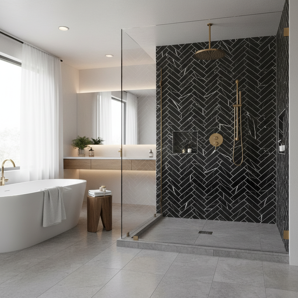 Nero Marquina Marble Herringbone Mosaic - luxury shower wall