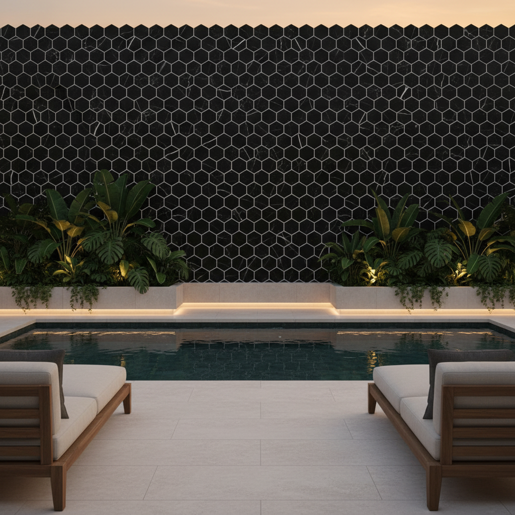 Nero Marquina Marble Hexagon Mosaic - luxury pool terrace feature wall