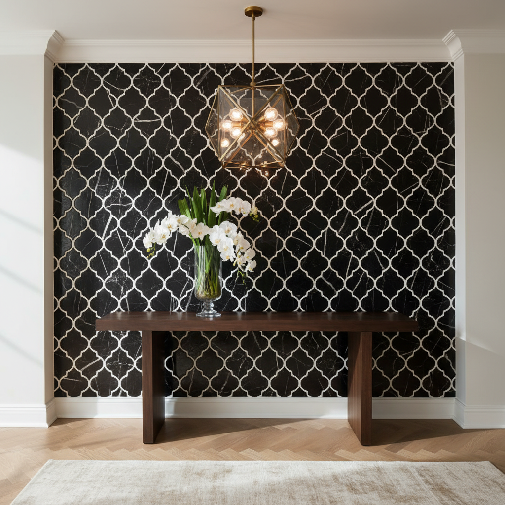 Nero Marquina Marble Lantern Mosaic - luxury foyer accent wall