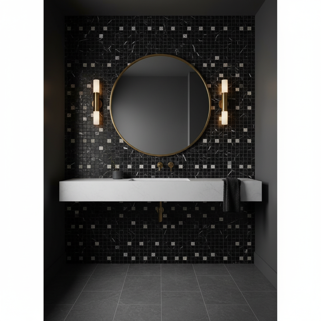 Nero Marquina Marble Basketweave Mosaic w/ White Dots - elegant powder room accent wall
