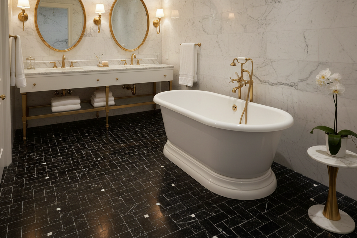 Nero Marquina Basketweave Mosaic – Bathroom