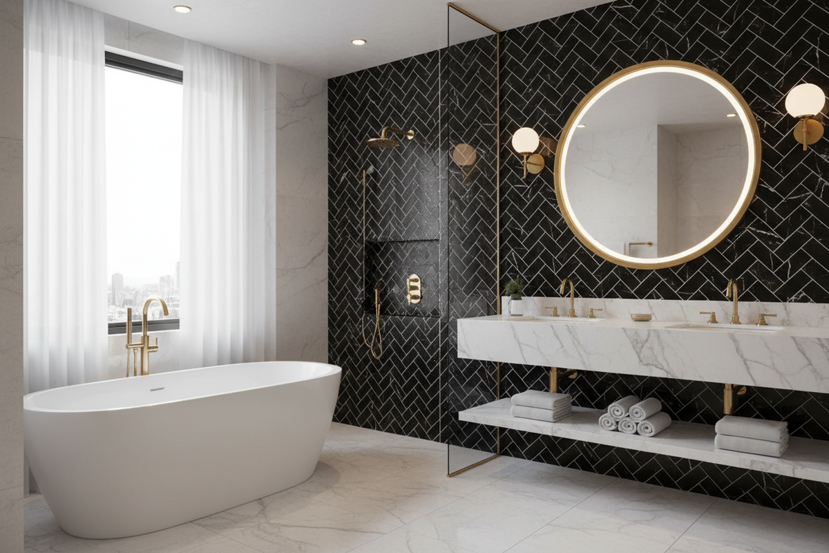Nero Marquina Herringbone Mosaic – Bathroom