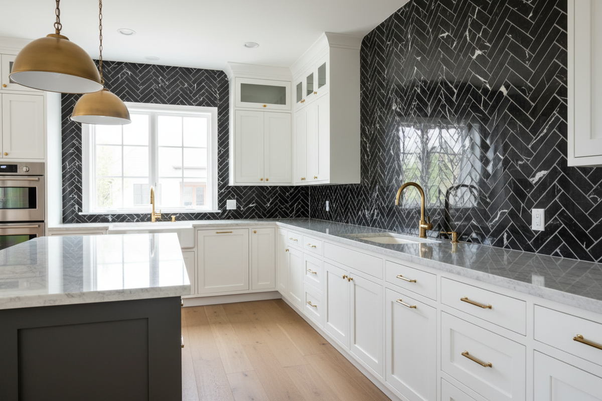 Nero Marquina Herringbone Mosaic – Kitchen