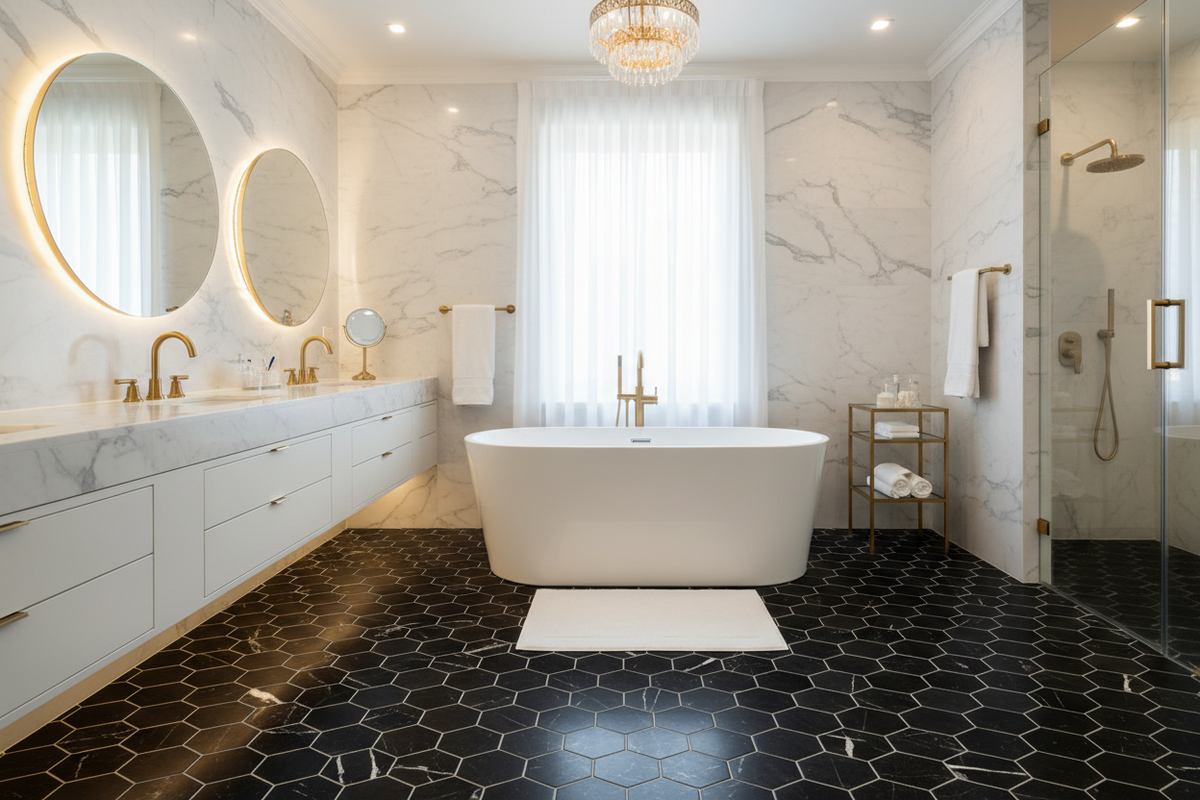 Nero Marquina Hexagon Mosaic – Bathroom