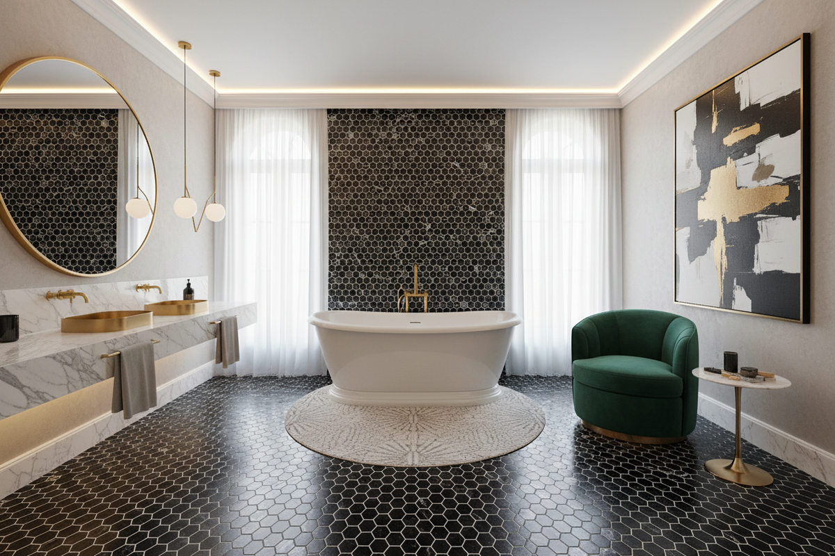 Nero Marquina Penny-Round Mosaic – Bathroom