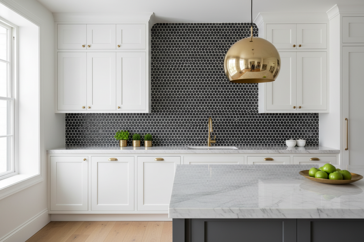 Nero Marquina Penny-Round Mosaic – Kitchen